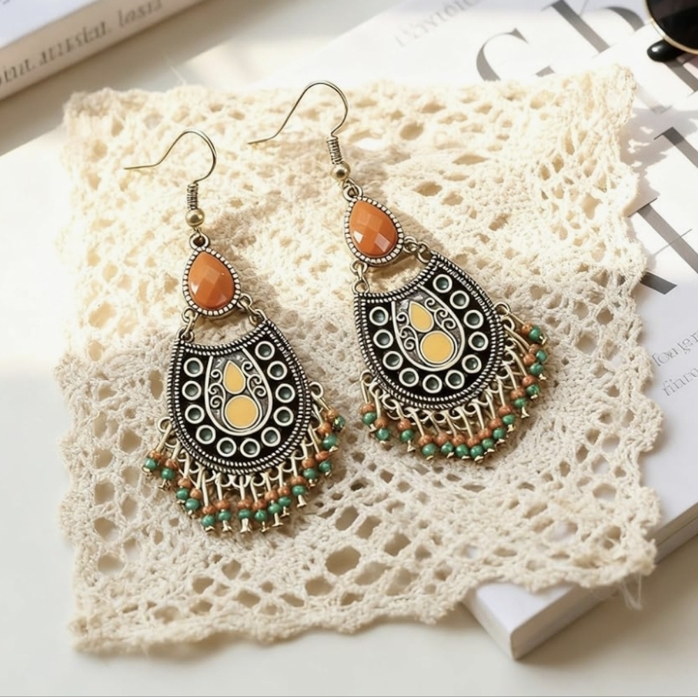 Bohemian Teardrop Dangle Earrings in Orange & Green